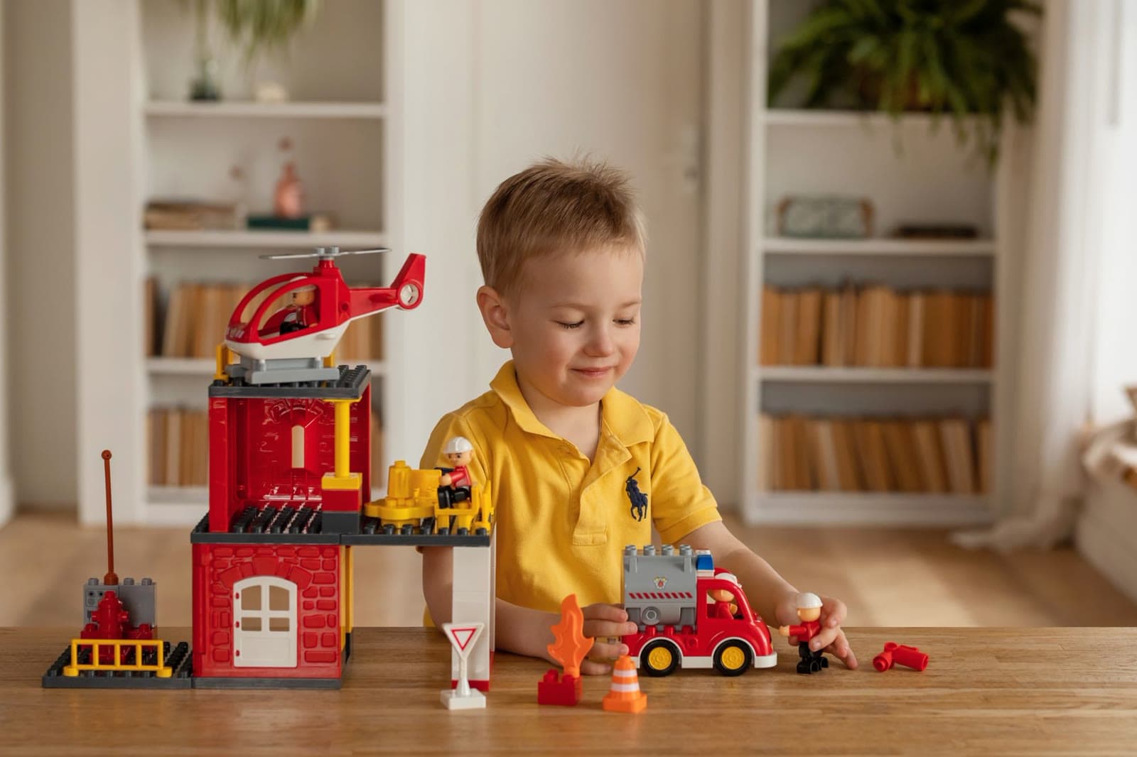A young boy building with colorful bricks on a living-room rug