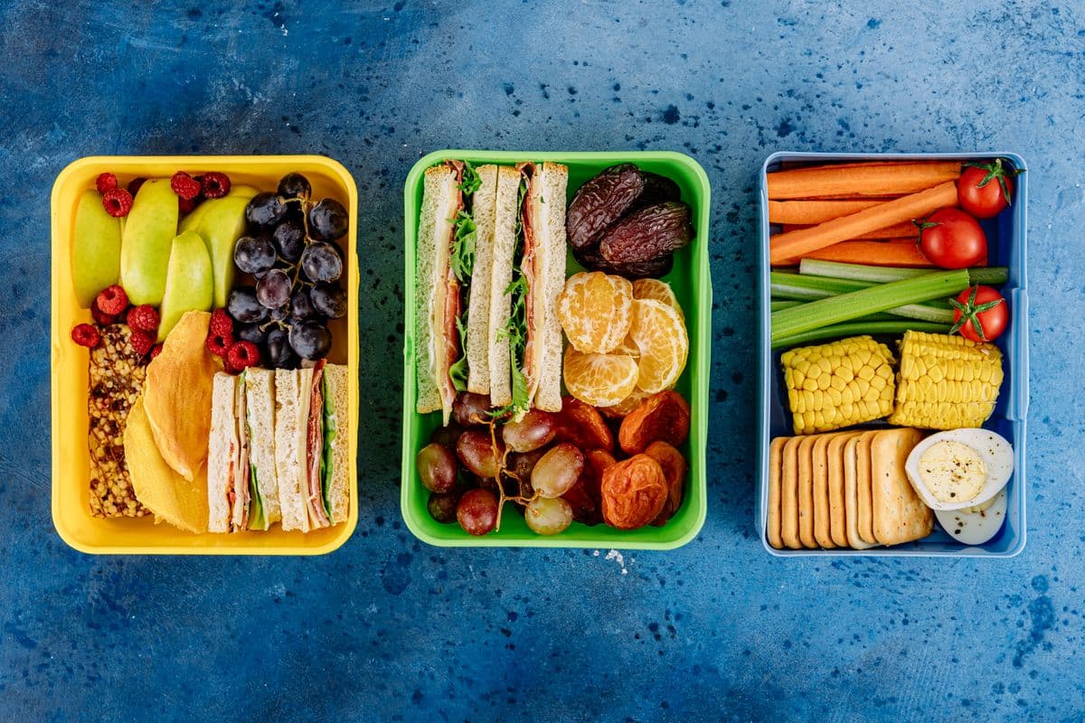 Several kids' lunch boxes lined up