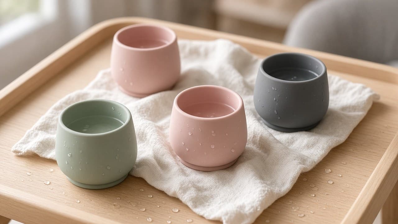 Small silicone open training cups with water on a high-chair tray