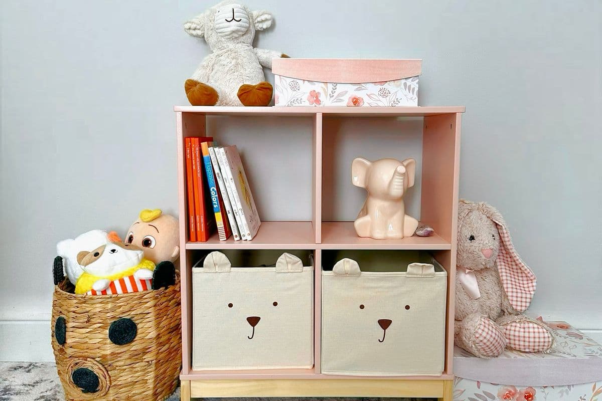 A tidy, organized shelf of children's toys