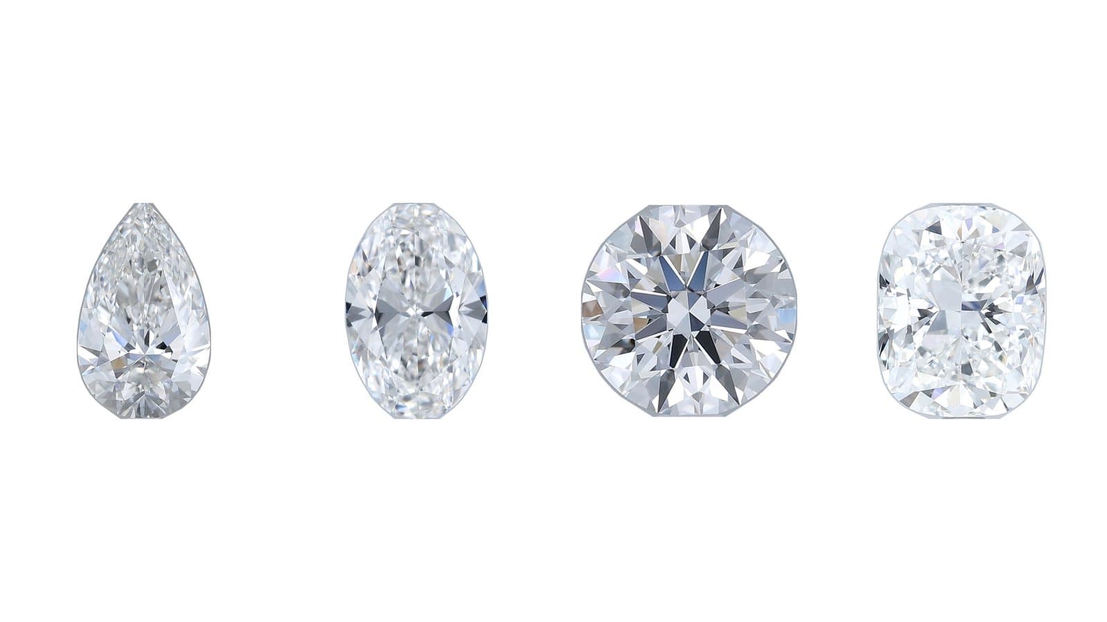 Pear, oval, round, and cushion lab-grown diamonds from Carat Confidential, still frames from each stone's 360° video