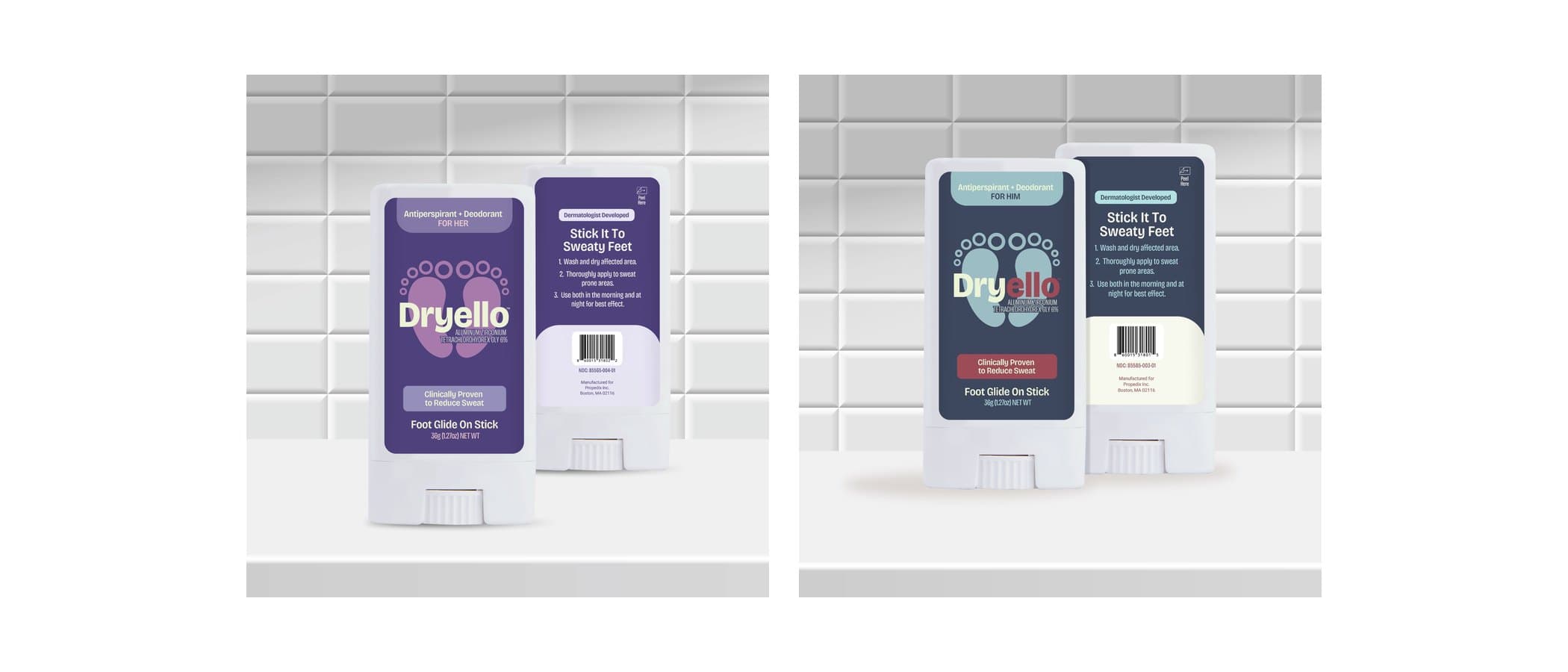 Dryello Antiperspirant Deodorant Foot Glide-On Sticks, For Her and For Him, official product photos