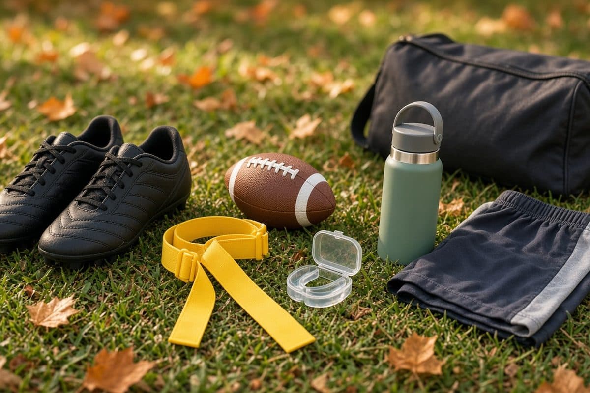 Kids' black molded football cleats, a yellow flag football belt, a junior football, a clear mouthguard, a water bottle, and pocketless shorts laid out on autumn grass